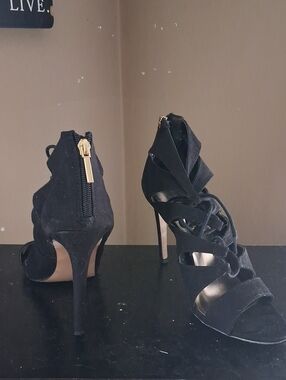 Women's Black Strappy Suede High Heel Sandals